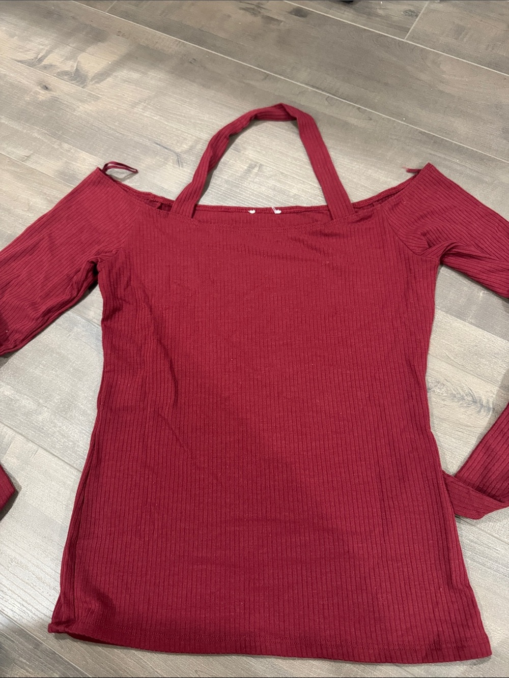 Garage Ribbed Off-Shoulder Halter Top in Burgundy